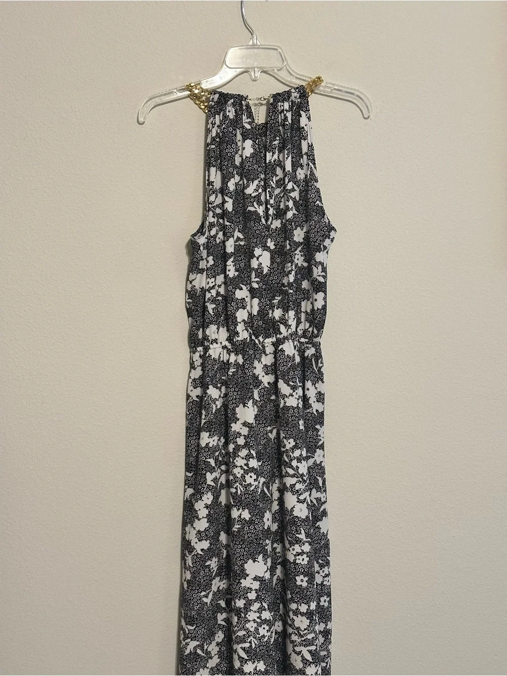 Michael Kors Black and White Floral Halter Midi Dress with Gold Chain